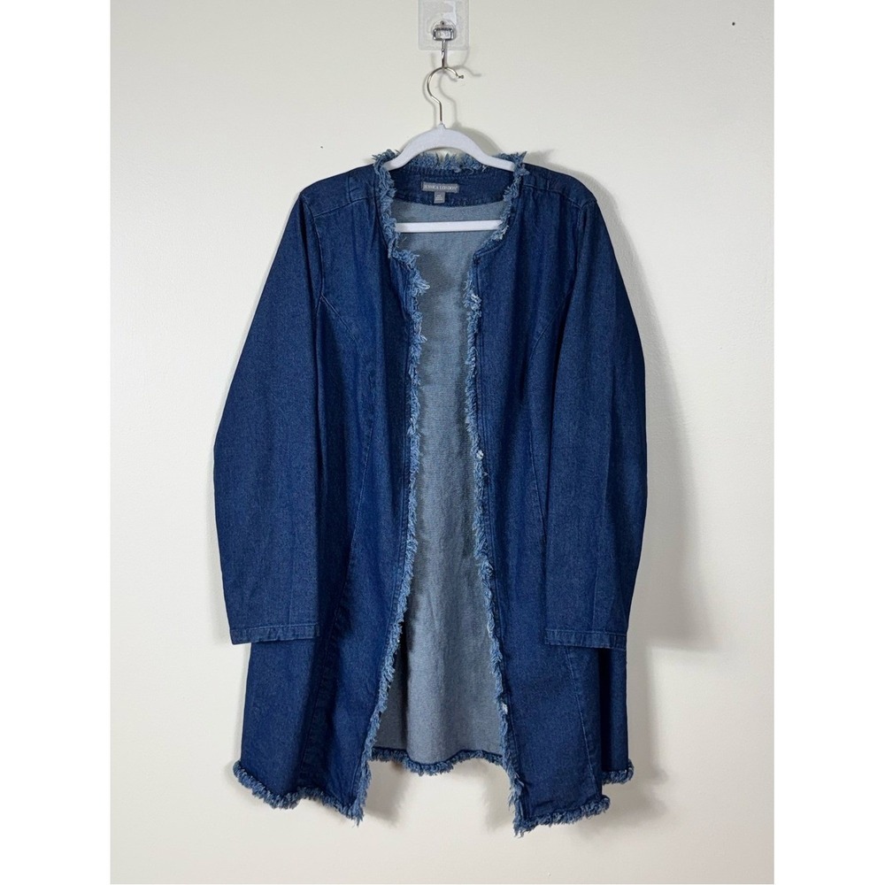 Womens Denim Duster Jacket Size 16W Bohemian Western Frayed Ranch Layers Capsule - Picture 2 of 6